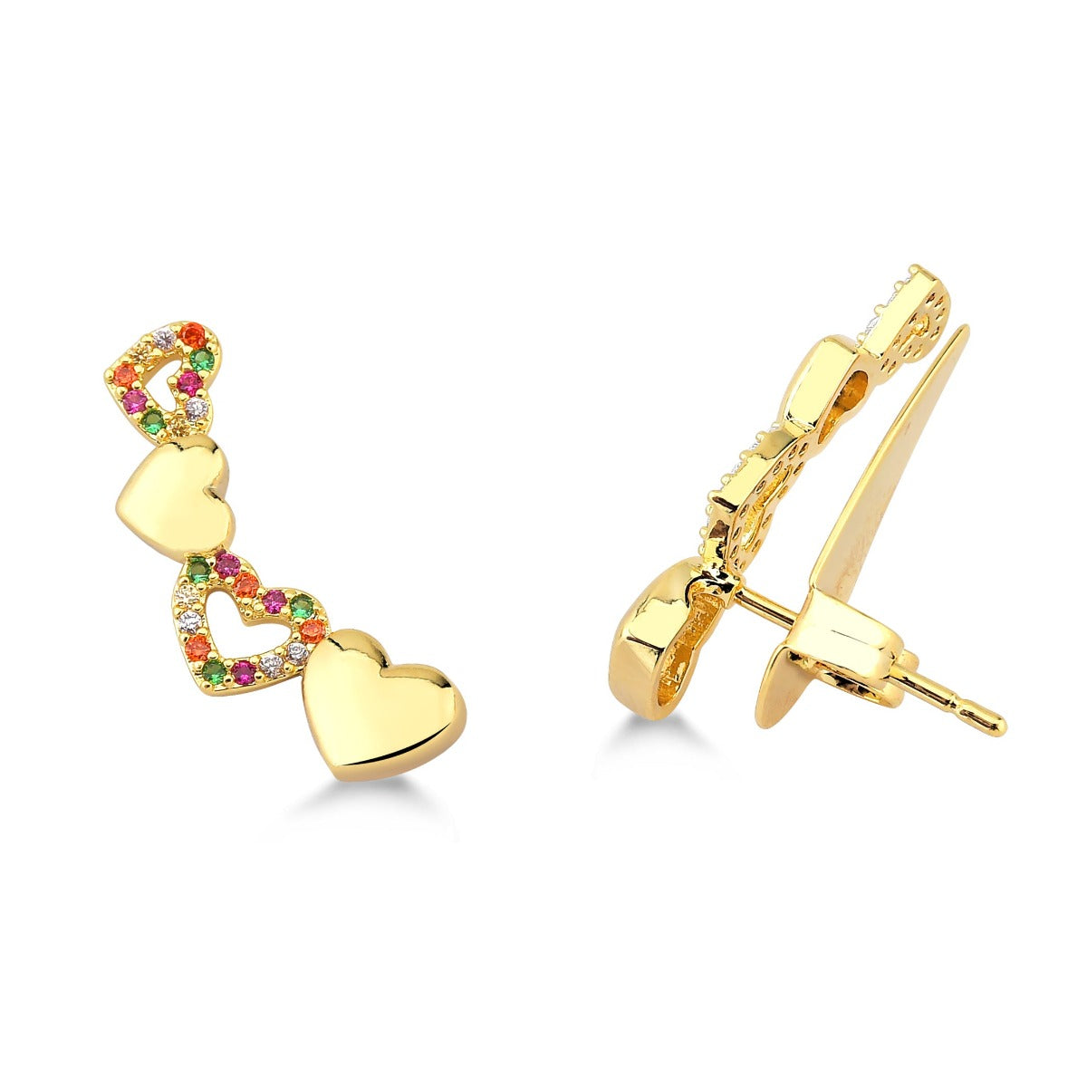 BRINCO EAR CUFF DE CORAÇÕES COM ZIRCONIAS COLORIDAS FOLHEADO A OURO 18K