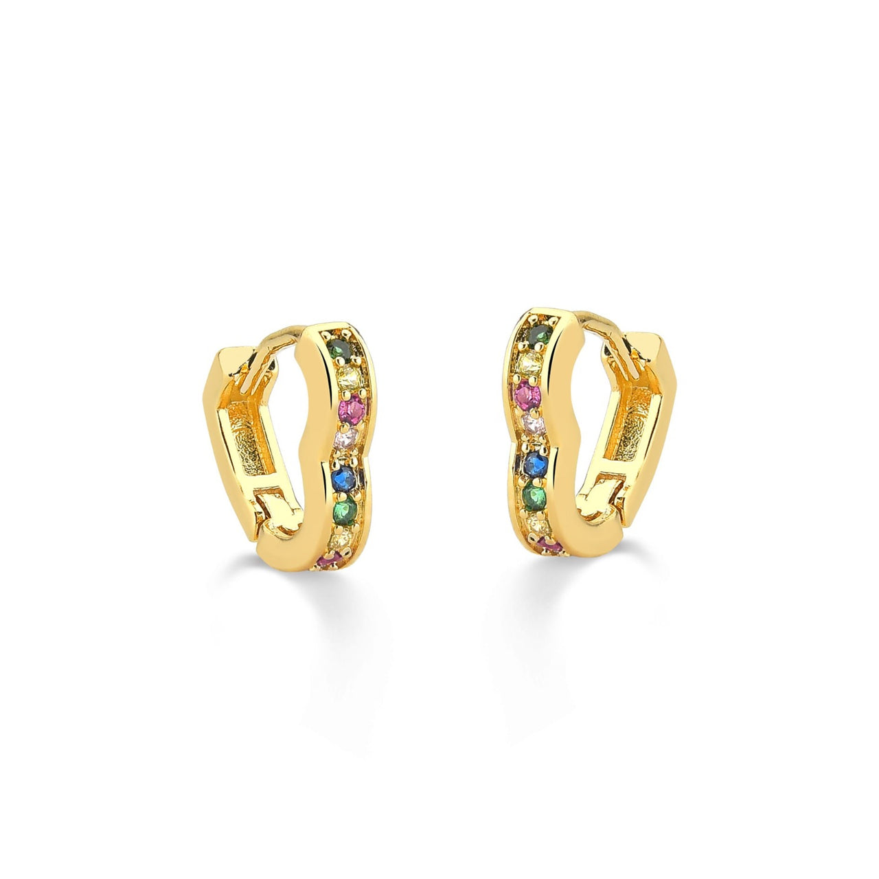 BRINCO DE ARGOLA DE CORAÇÃO PEQUENO COM ZIRCONIAS COLORIDAS FOLHEADO A OURO 18K