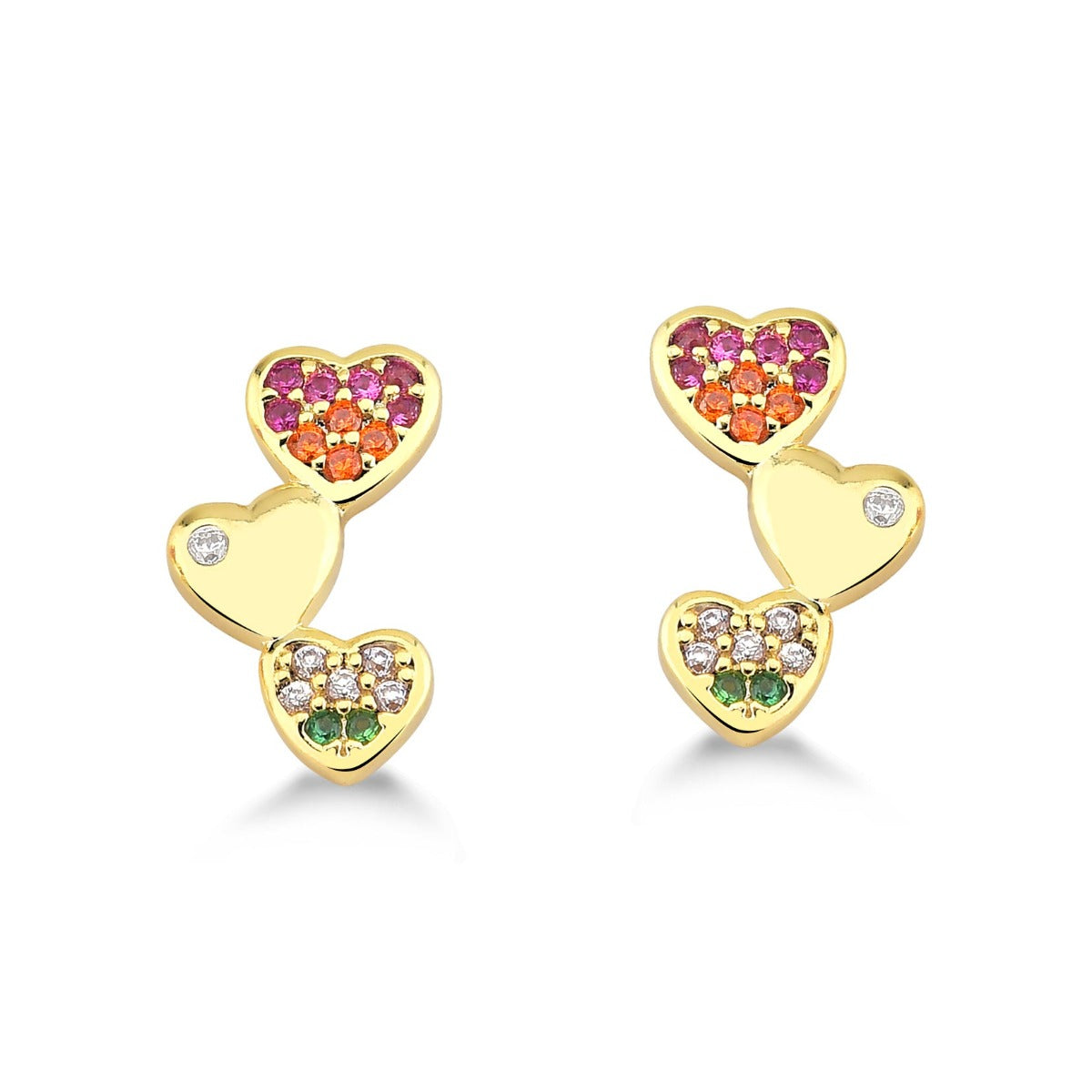 BRINCO TRES CORAÇÕES COM ZIRCONIAS COLORIDAS FOLHEADO A OURO 18K