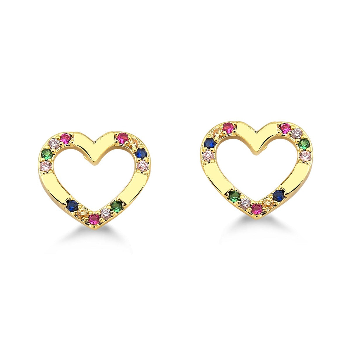 BRINCO DE CORAÇÃO COM ZIRCONIAS COLORIDAS FOLHEADO A OURO 18K