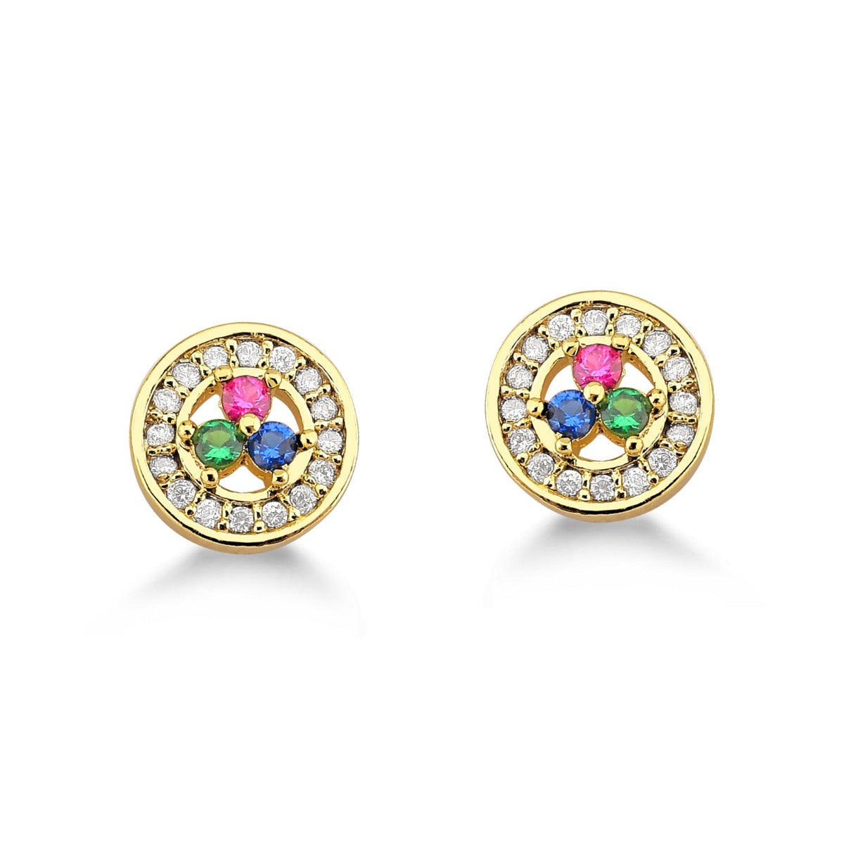 BRINCO DE BOTÃO PEQUENO COM ZIRCONIAS COLORIDAS FOLHEADO A OURO 18K