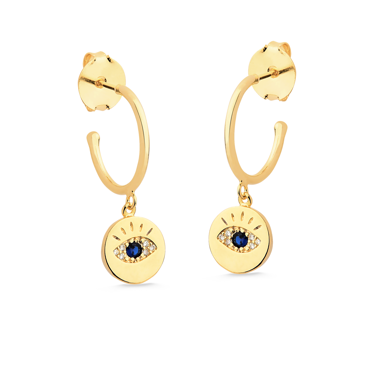 BRINCO DE ARGOLA OLHO GREGO CRAVEJADO DE ZIRCÔNIAS FOLHEADO A OURO 18K