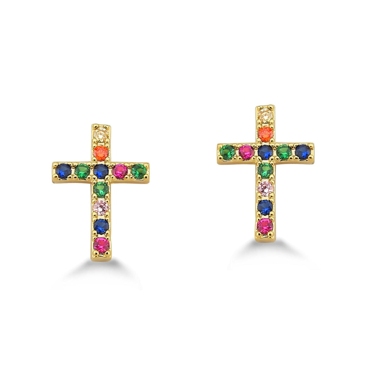 BRINCO DE CRUZ COM ZIRCONIA COLORIDA FOLHEADO A OURO 18K