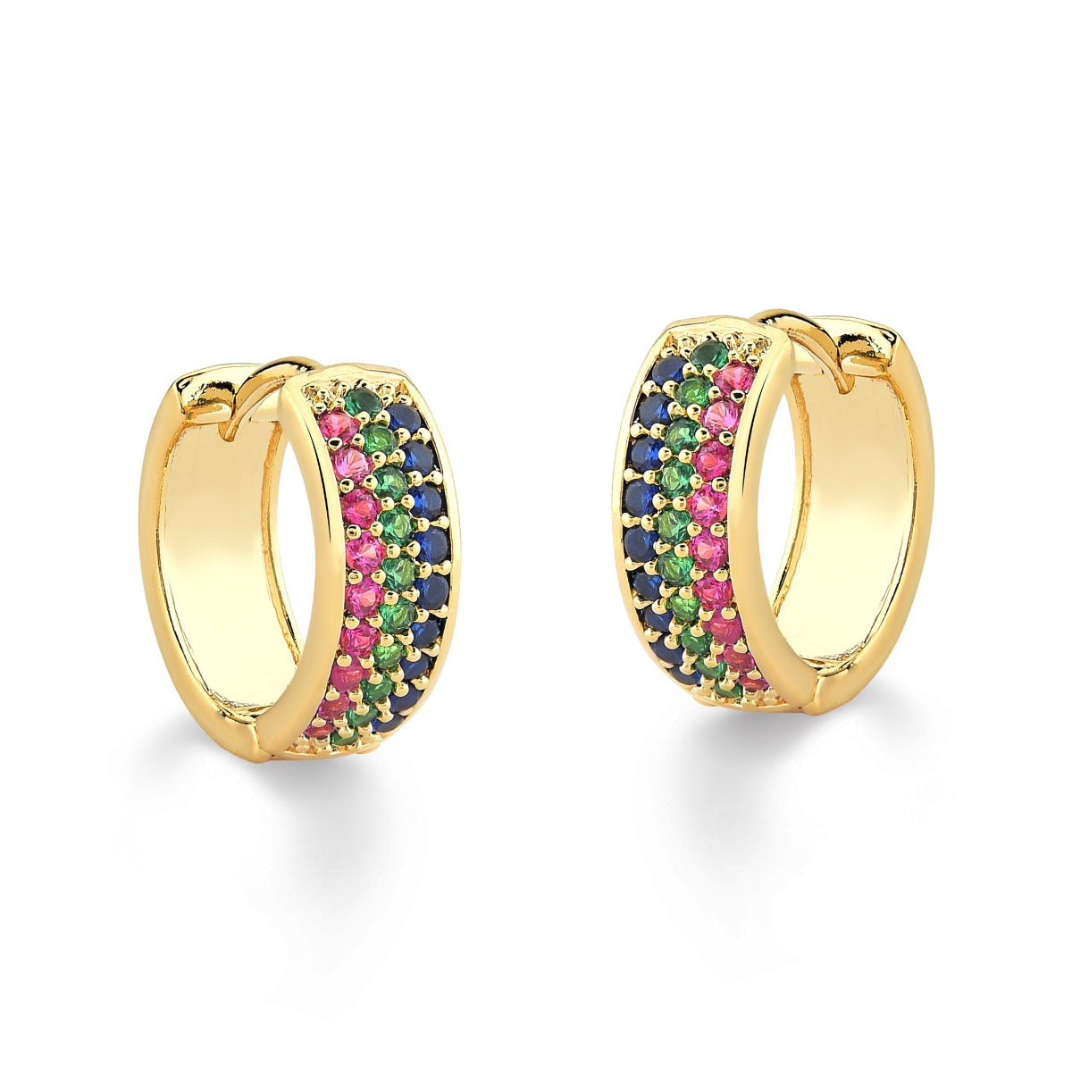 BRINCO DE ARGOLA TRES FILEIRAS DE ZIRCONIA COLORIDA FOLHEADO A OURO 18K