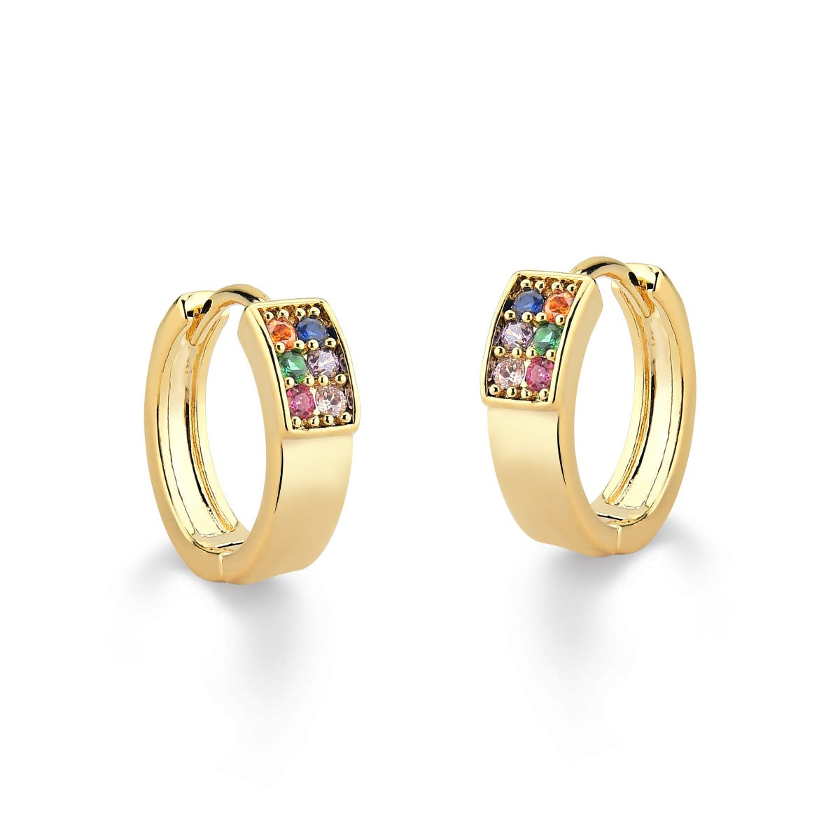 BRINCO ARGOLA DE CLICK COM ZIRCONIAS COLORIDAS FOLHEADO A OURO 18K
