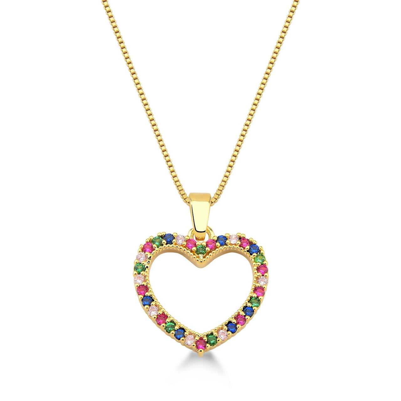 COLAR COM PINGENTE DE CORAÇÃO PEQUENO VAZADO CRAVEJADO DE ZIRCONIAS COLORIDAS FOLHEADO A OURO 18K