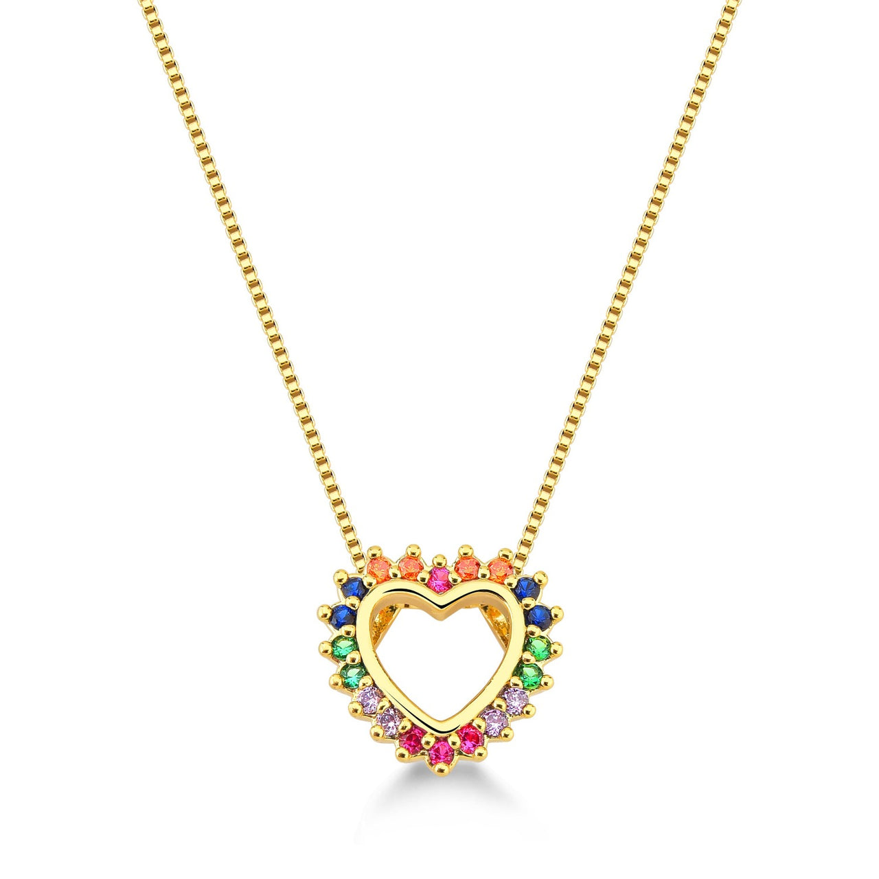 COLAR COM MINI PINGENTE DE CORAÇÃO VAZADO CRAVEJADO DE ZIRCONIAS COLORIDAS FOLHEADO A OURO 18K