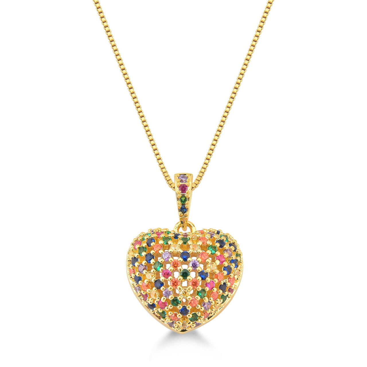 COLAR COM PINGENTE DE CORAÇÃO ABAULADO CRAVEJADO DE ZIRCONIAS COLORIDAS FOLHEADO A OURO 18K