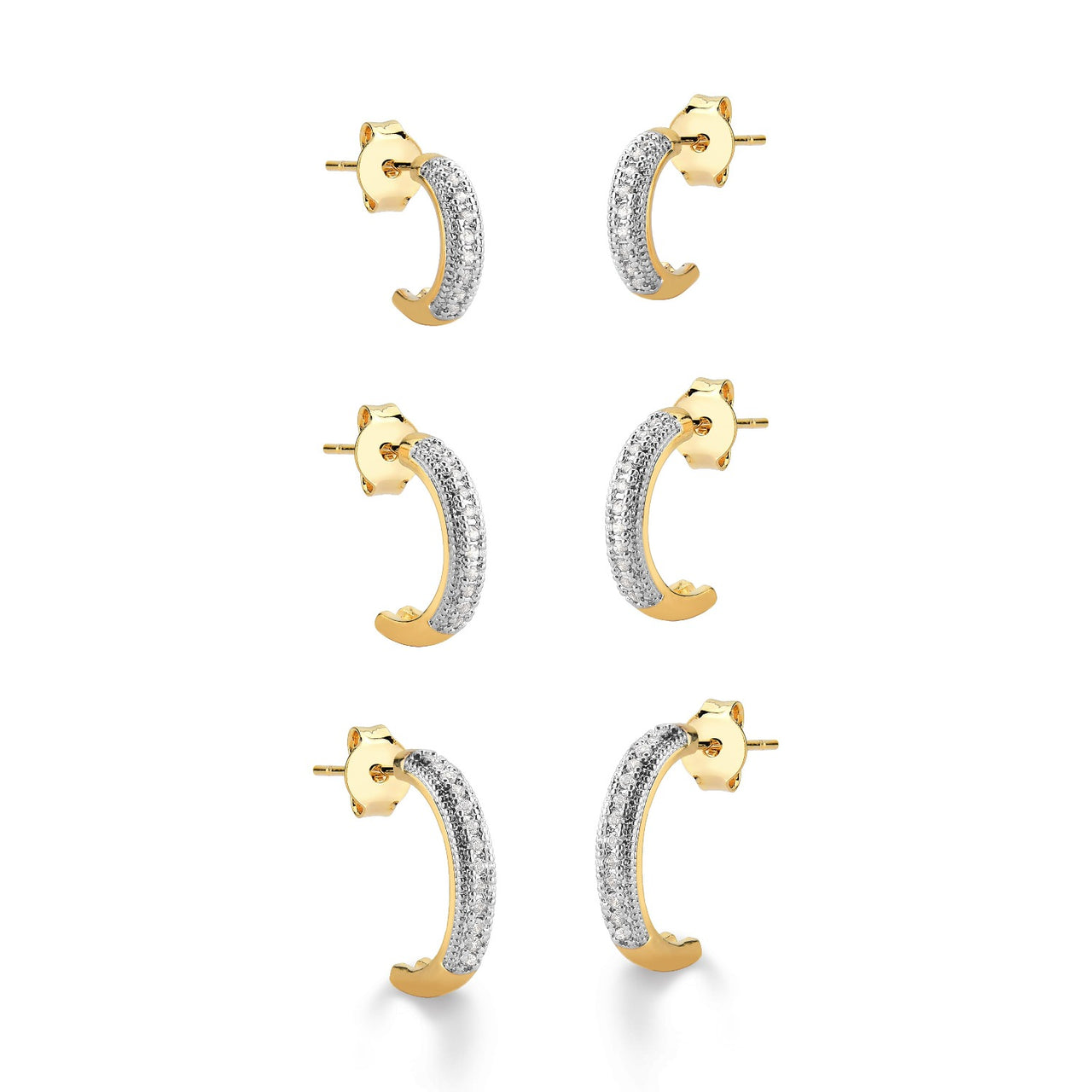 TRIO DE ARGOLAS CRAVEJADAS DE ZIRCONIAS COM TARRAXAS FOLHEADA A OURO 18K