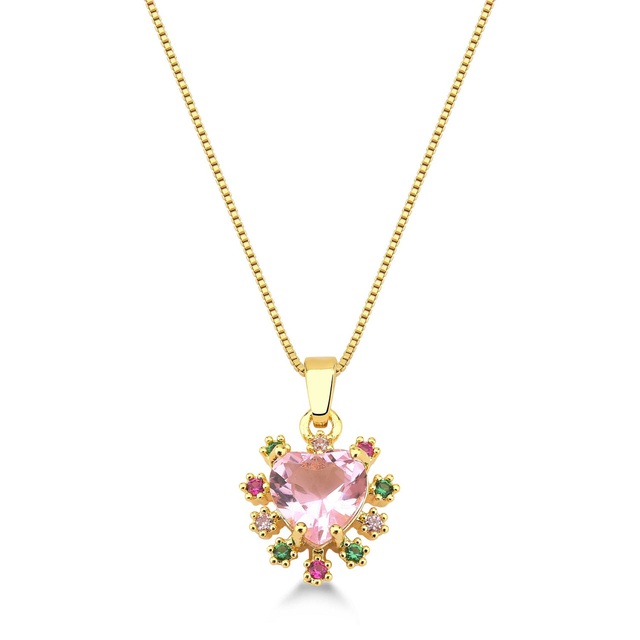 COLAR COM PINGENTE DE CORAÇÃO ROSA CRAVEJADO DE ZIRCONIAS COLORIDAS FOLHEADO A OURO 18K