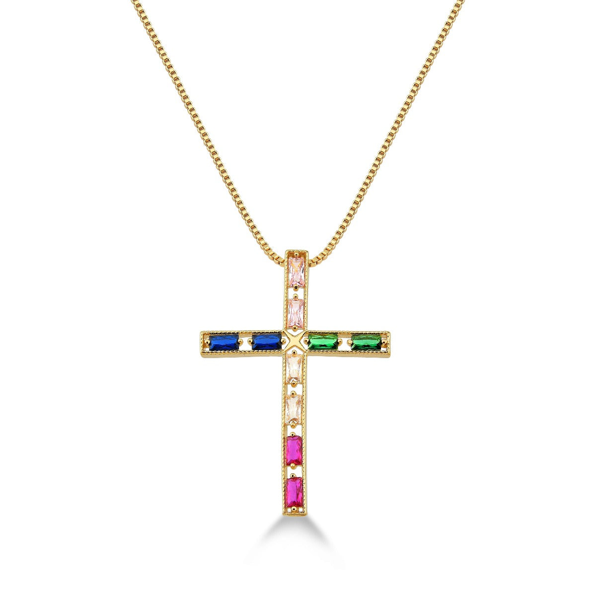 COLAR COM CRUCIFIXO GRANDE DE ZIRCONIAS COLORIDAS FOLHEADO A OURO 18K