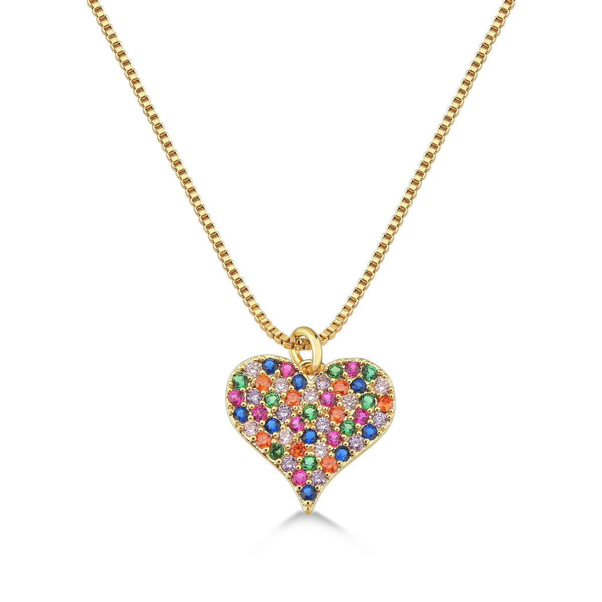 COLAR COM PINGENTE DE CORAÇÃO CRAVEJADO DE ZIRCONIAS COLORIDAS FOLHEADO A OURO 18K