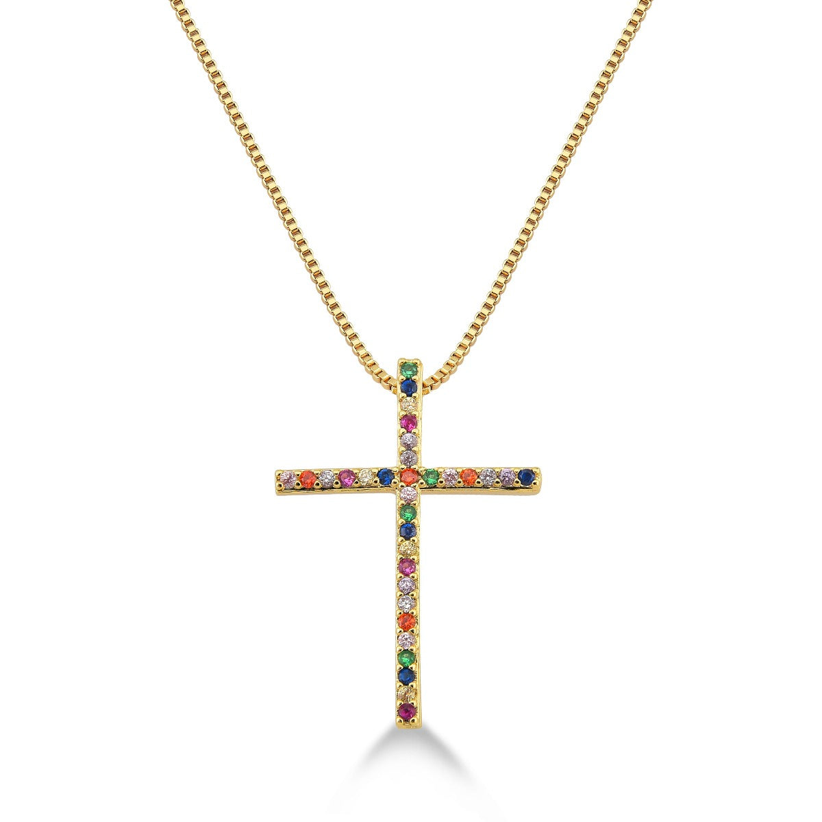 COLAR COM PINGENTE DE CRUCIFIXO CRAVEJADO DE ZIRCONIAS COLORIDAS FOLHEADO A OURO 18K