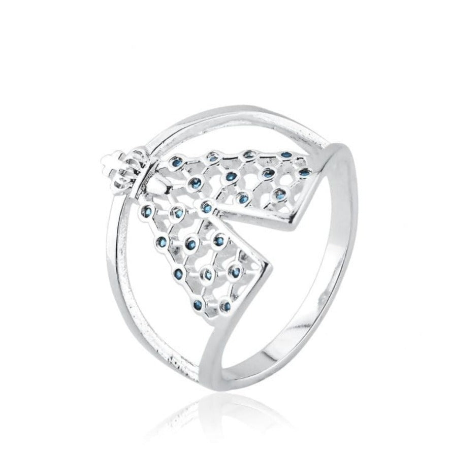 ANEL NOSSA SENHORA CRAVEJADO COM ZIRCÔNIAS AZUIS EM PRATA