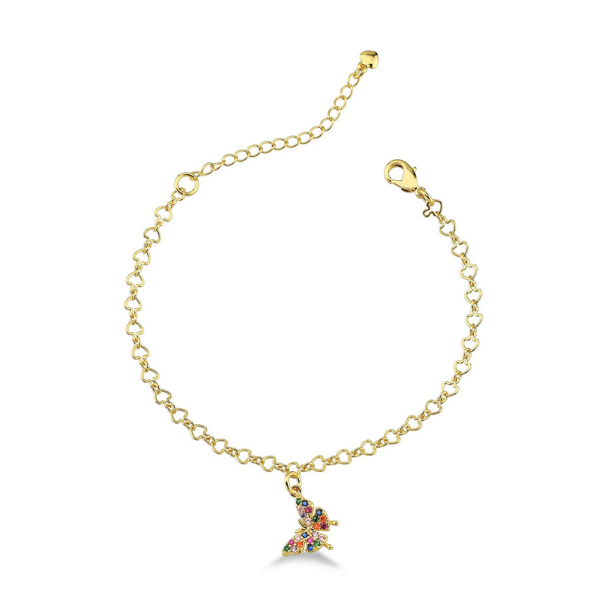 PULSEIRA COM PINGENTE DE BORBOLETA CRAVEJADA COM ZIRCONIA COLORIDA FOLHEADO A OURO 18K