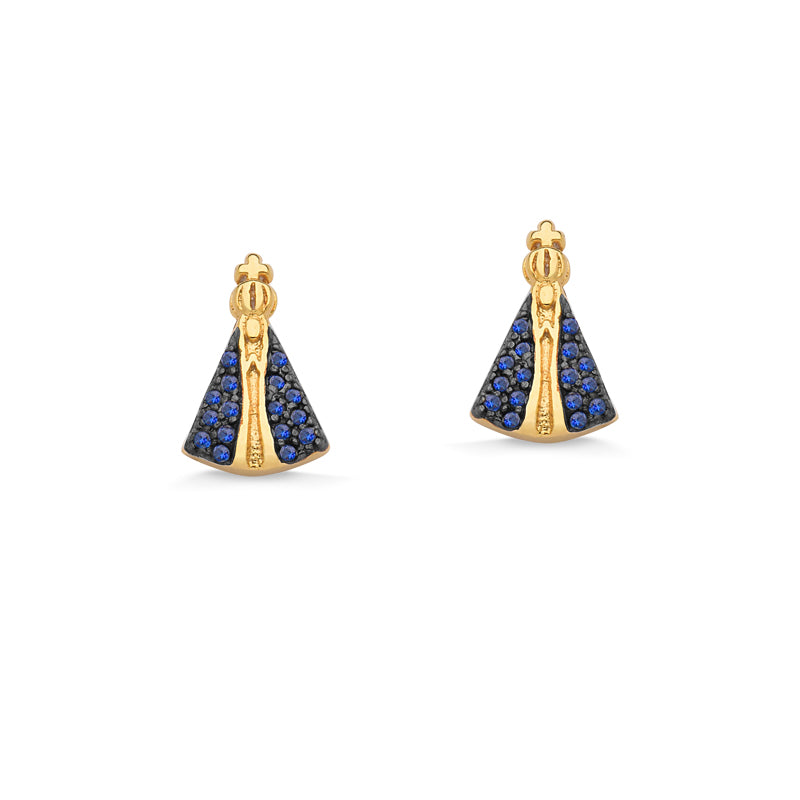 BRINCO MINI NOSSA SENHORA APARECIDA CRAVEJADA DE ZIRCÔNIA AZUL FOLHEADA A OURO 18K
