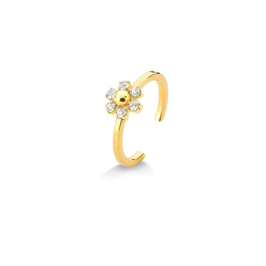 ANEL INFANTIL COM FLORZINHA EM PEDRAS FOLHEADO A OURO 18K