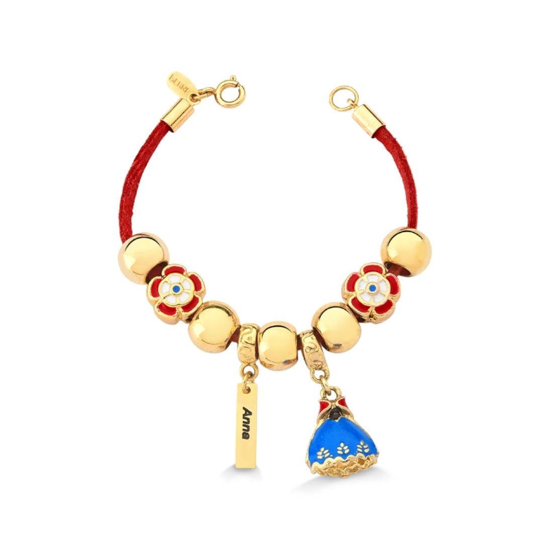PULSEIRA INFANTIL EM COURO COM PINGENTE DE PRINCESA ANNA RESINADA FOLHEADA A OURO 18K