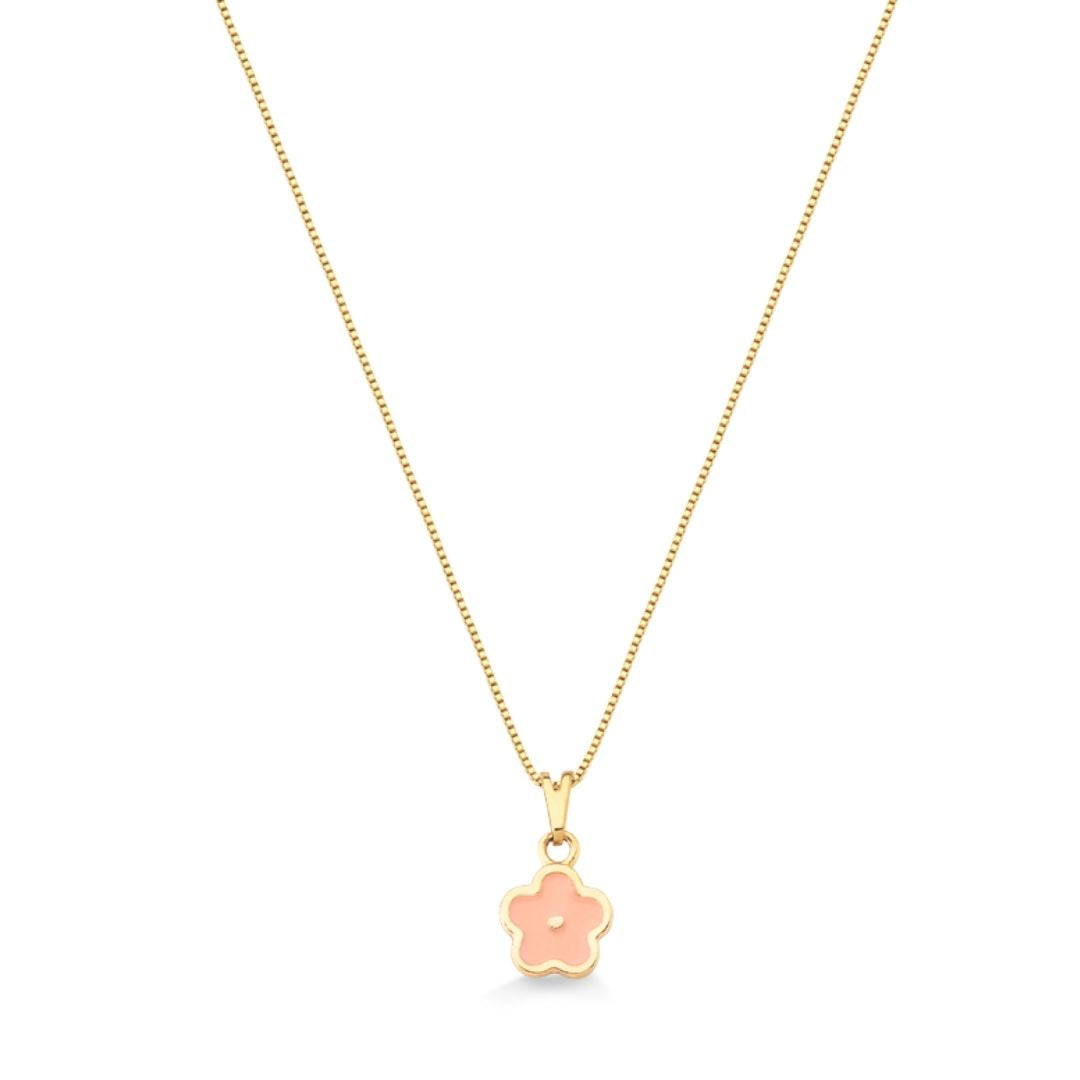 COLAR INFANTIL COM PINGENTE DE FLOR RESINADA FOLHEADO A OURO 18K
