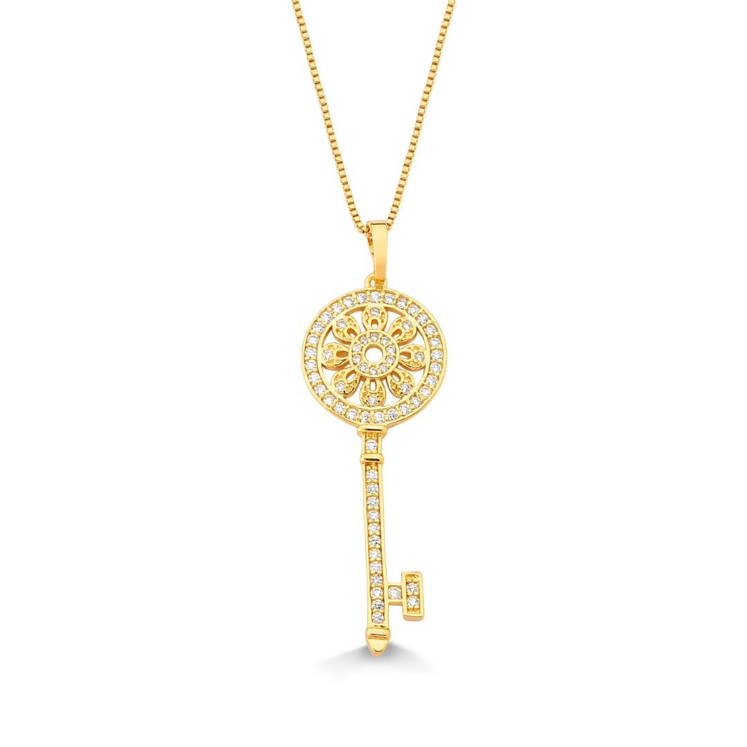 COLAR COM PINGENTE DE CHAVE CRAVEJADA DE ZIRCONIA FOLHEADO A OURO 18K