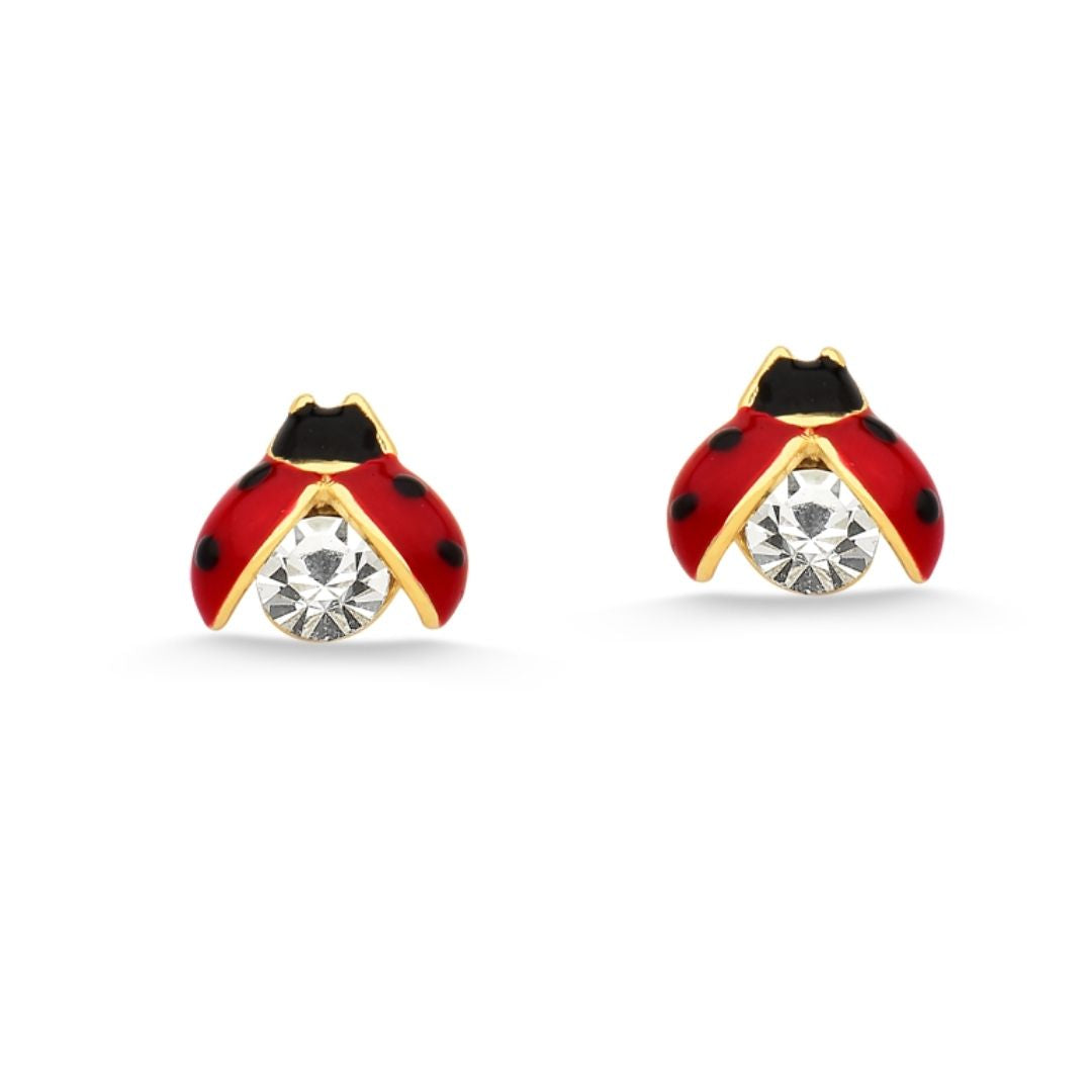 BRINCO MINI JOANINHA RESINADA VERMELHA COM PEDRA FOLHEADO A OURO 18K