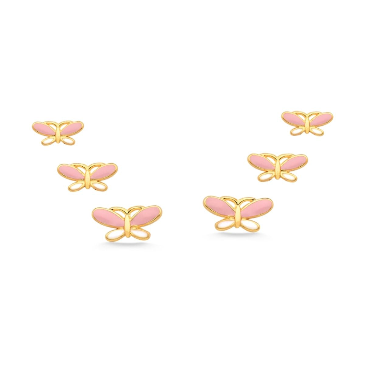 BRINCO TRIO DE BORBOLETAS RESINADAS COR DE ROSA FOLHEADO A OURO 18K
