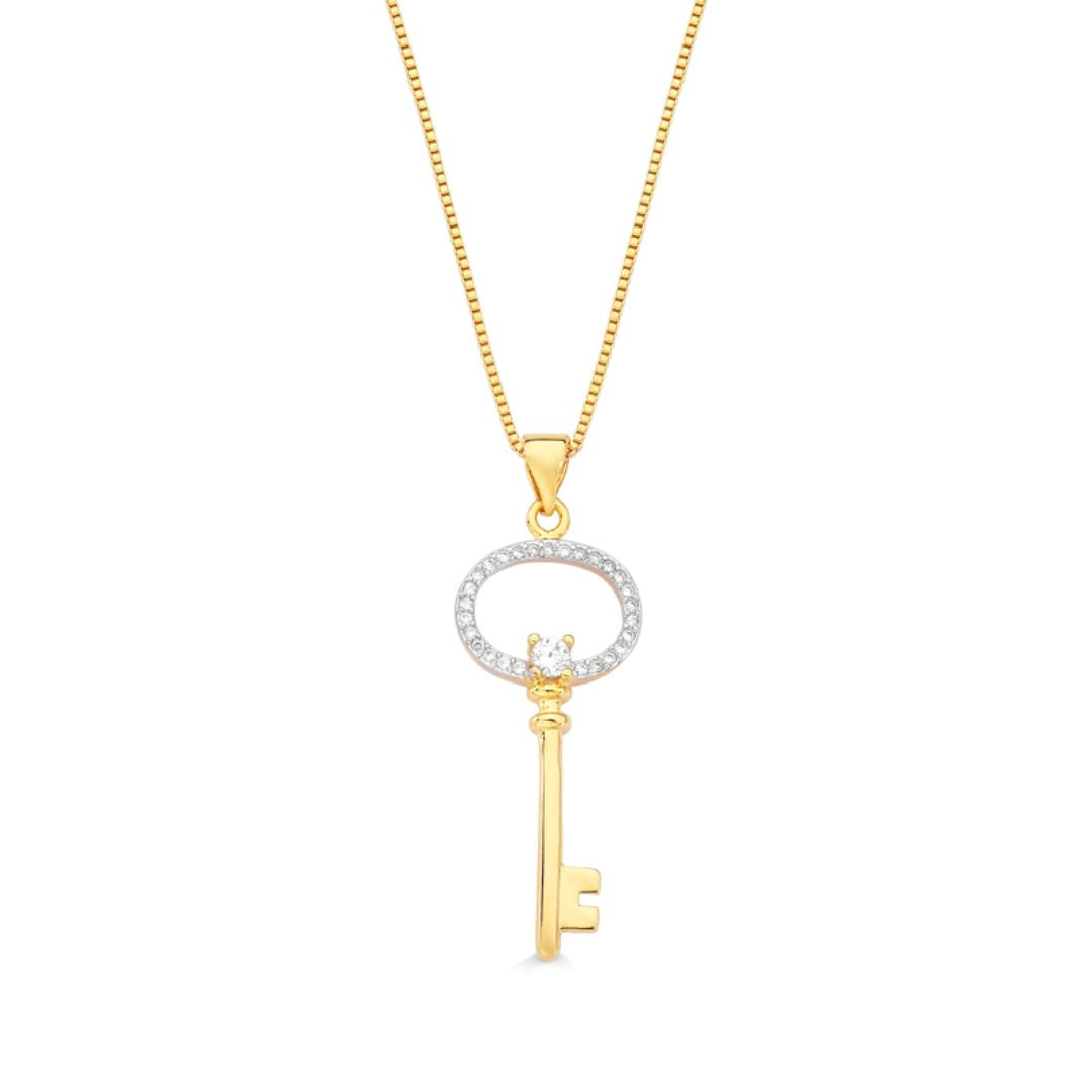 COLAR COM PINGENTE DE CHAVE REDONDA CRAVEJADA DE ZIRCONIA FOLHEADO A OURO 18K