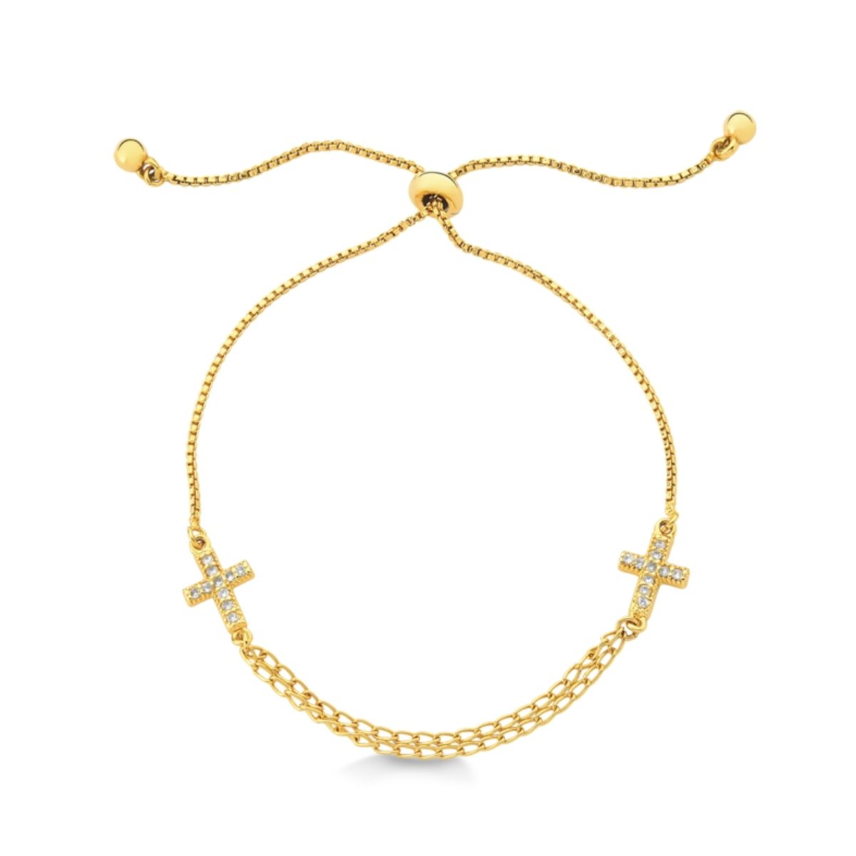 PULSEIRA COM DOIS CRUCIFIXOS CRAVEJADOS FOLHEADO A OURO 18K