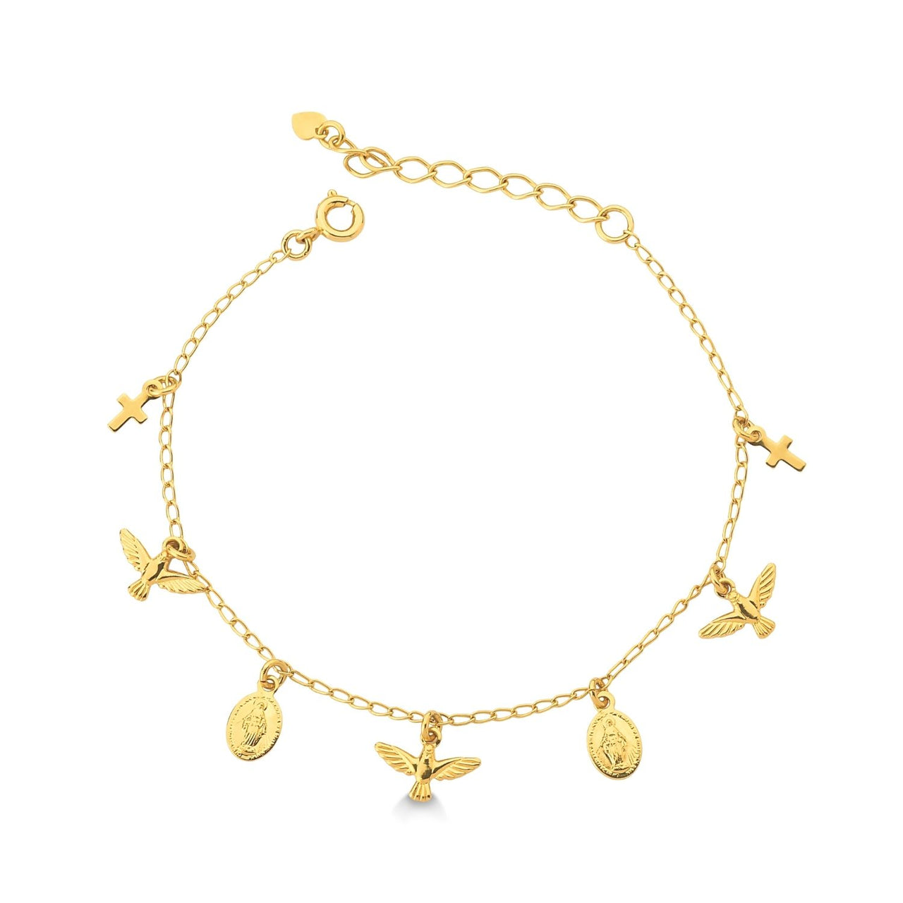 PULSEIRA COM PINGENTES DE ESPIRITO SANTO E MEDALHA DE N. SRA MILAGROSA FOLHEADO A OURO 18K