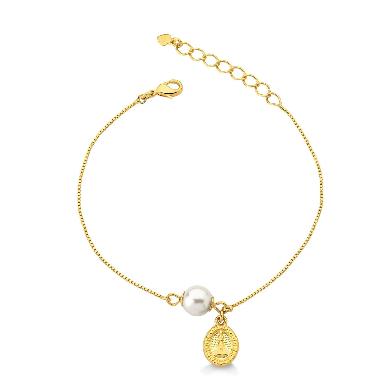 PULSEIRA COM PINGENTE DE PEROLA E MEDALHA DE N. SRA APARECIDA FOLHEADO A OURO 18K