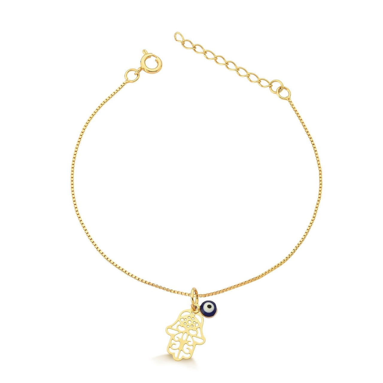 PULSEIRA COM PINGENTE DE MÃO DE HANSA E OLHO GREGO FOLHEADO A OURO 18K