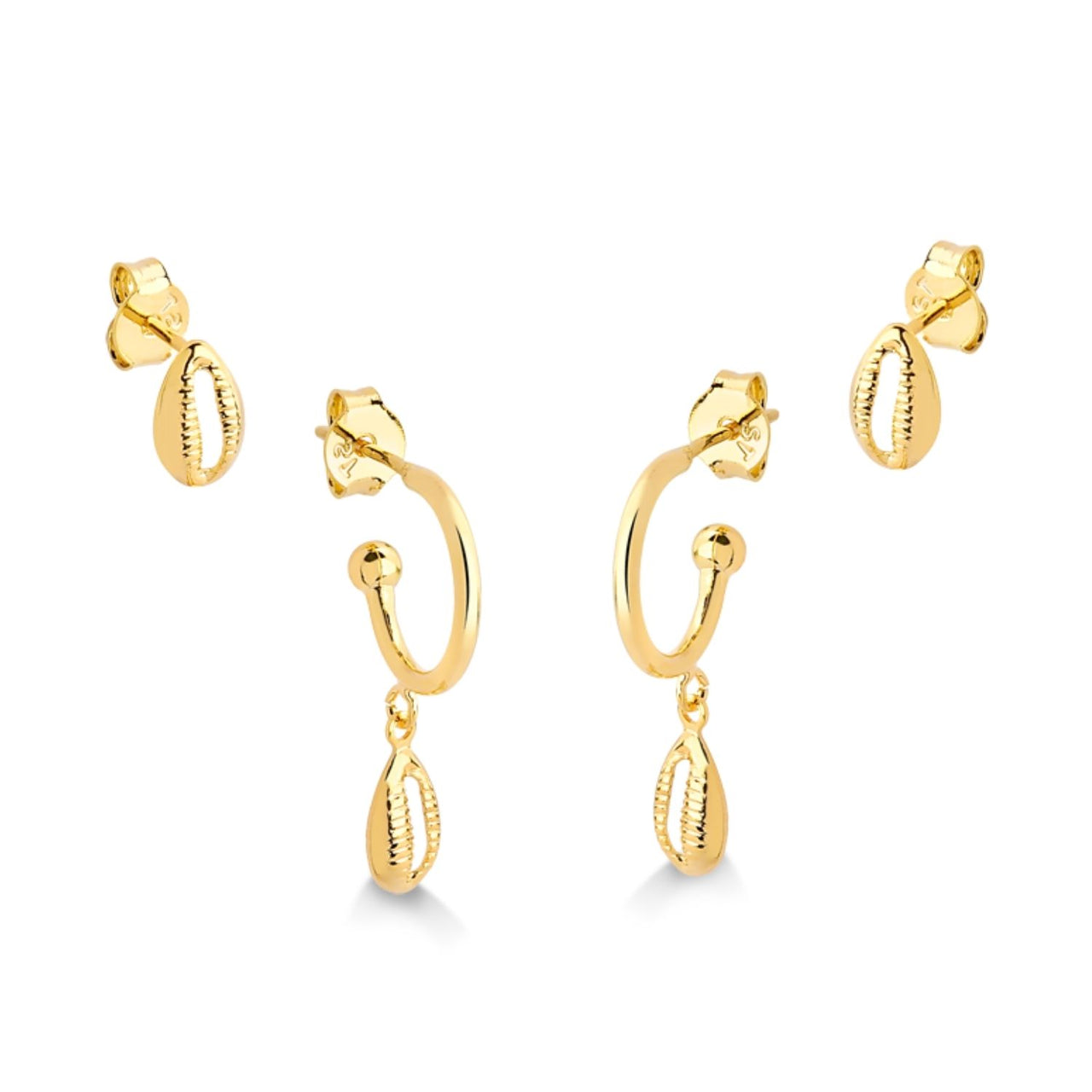 DUPLA DE BRINCO COM ARGOLA E SEGUNDO FURO DE BUZIOS FOLHEADO A OURO 18K