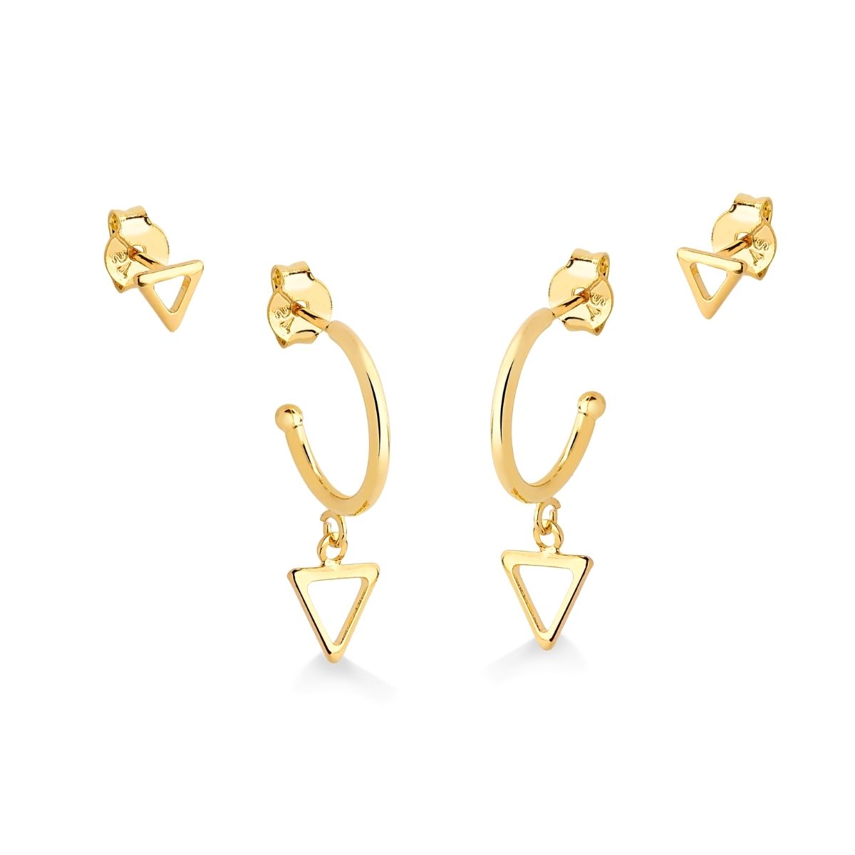 BRINCO DUPLA DE ARGOLA E SEGUNDO FURO DE TRIANGULO FOLHEADO A OURO 18K