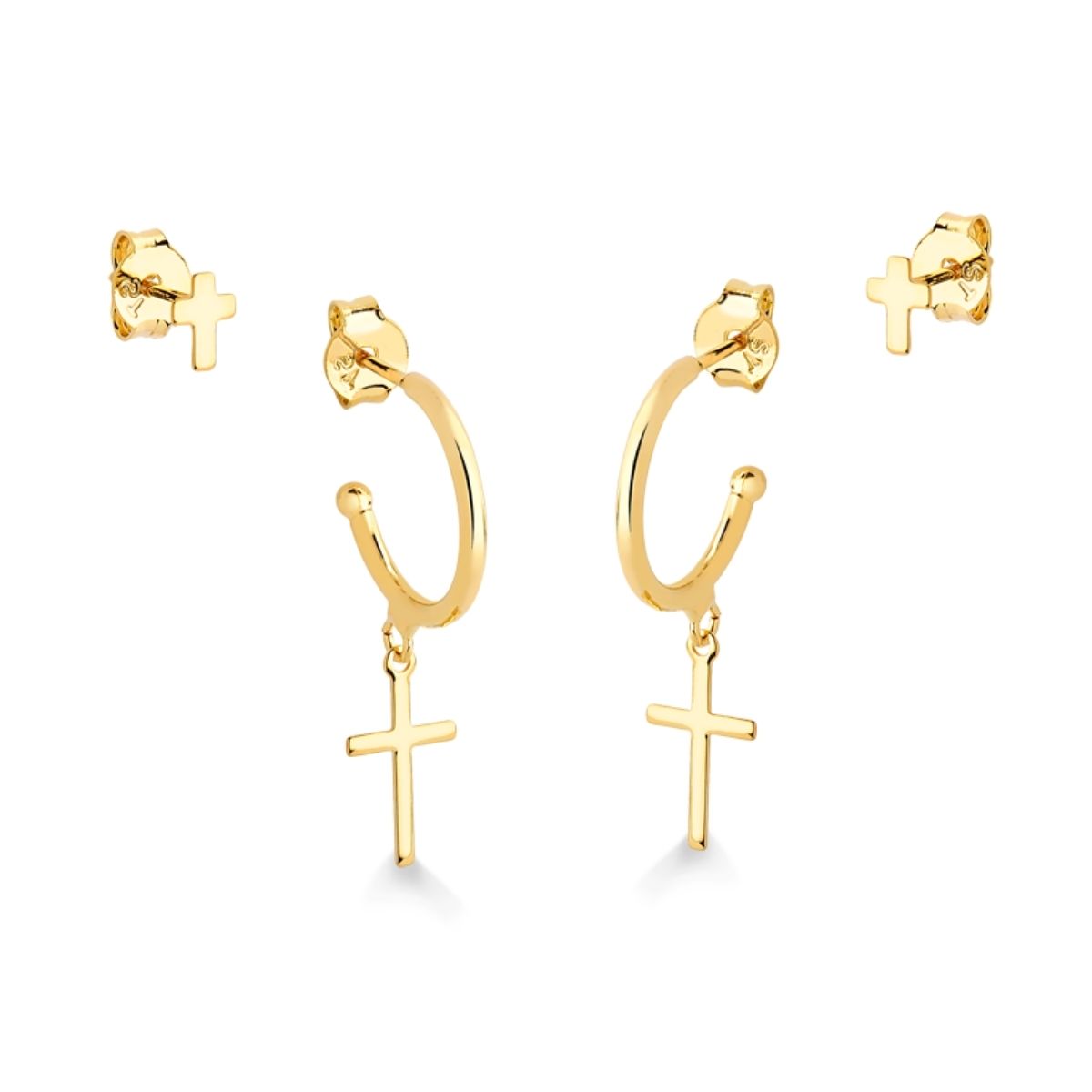 BRINCO DUPLA DE ARGOLA E SEGUNDO FURO DE CRUCIFIXO FOLHEADO A OURO 18K