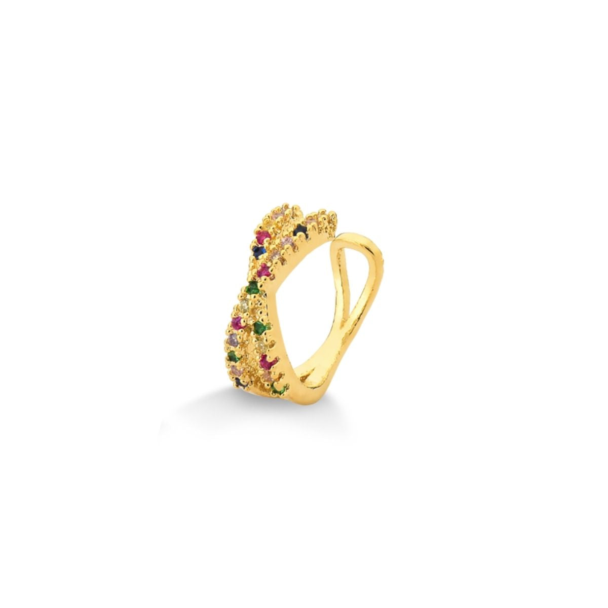 PIERCING DE PRESSÃO DE ORELHA EM XIS CRAVEJADO DE ZIRCONIAS COLORIDAS FOLHEADO A OURO 18K