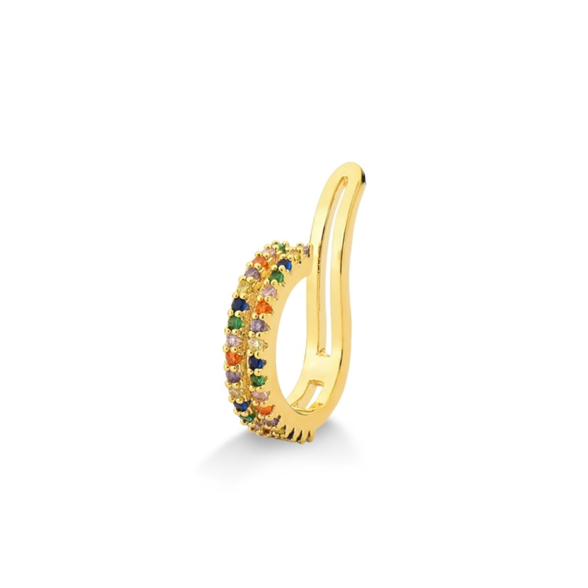 PIERCING DE PRESSÃO PARA ORELHA CRAVEJADO DE ZIRCONIAS COLORIDAS FOLHEADO A OURO 18K