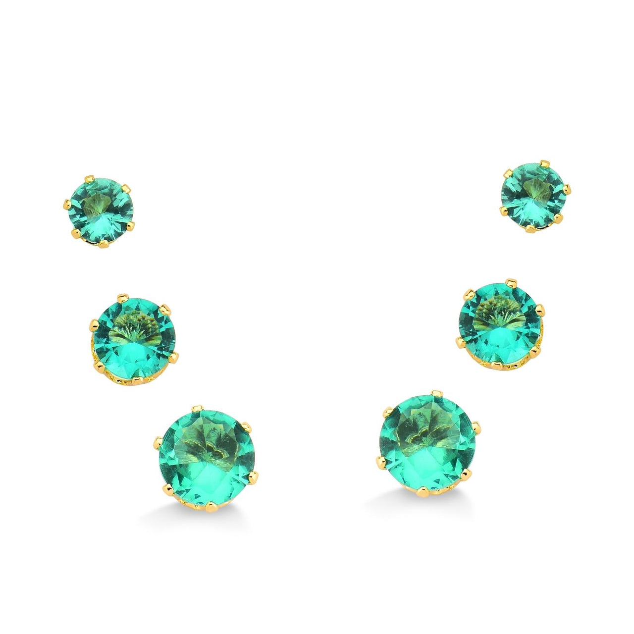 TRIO DE BRINCOS DE CRISTAL VERDE FOLHEADO A OURO 18K