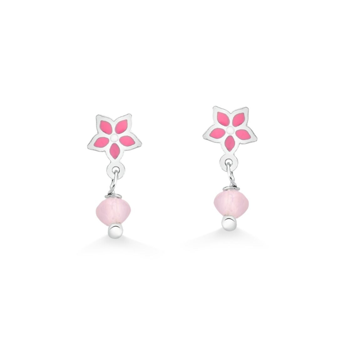 BRINCO DE FLOR COM PEDRA ROSA EM AÇO INOX