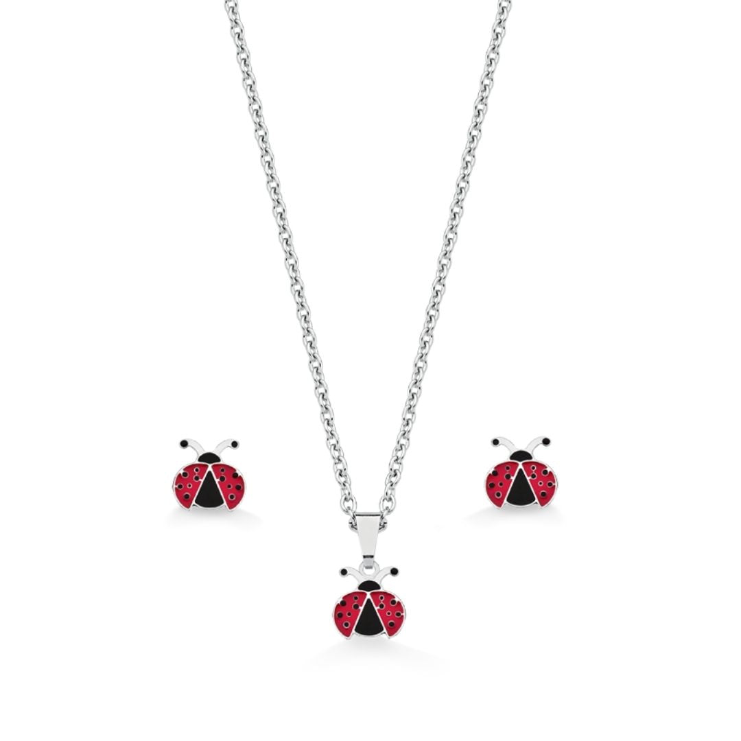 CONJUNTO DE BRINCO E COLAR COM PINGENTE DE JOANINHAS EM AÇO INOX