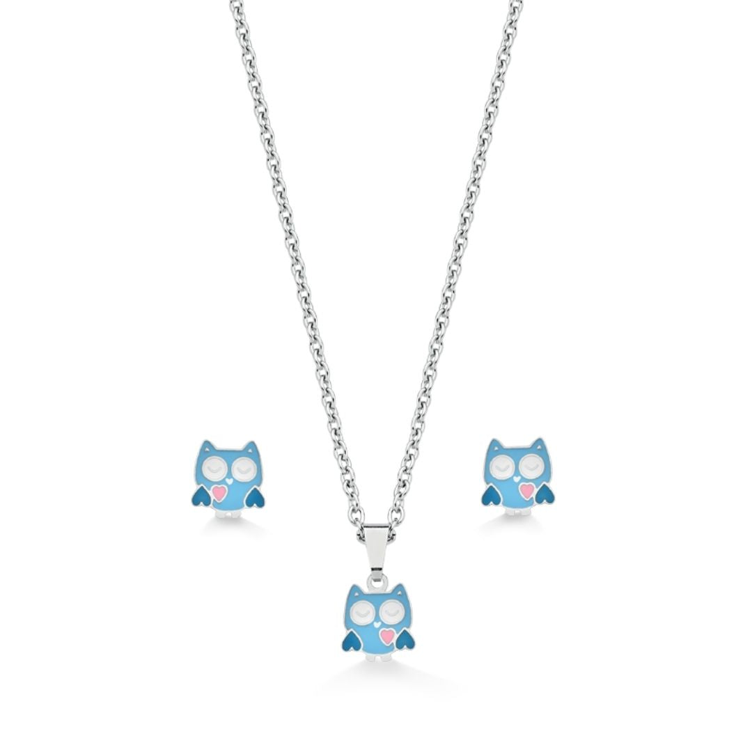 CONJUNTO DE BRINCO E COLAR COM PINGENTE DE CORUJAS EM AÇO INOX