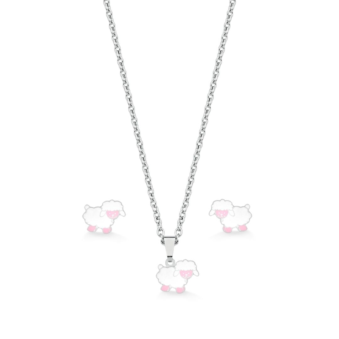 CONJUNTO DE BRINCO E COLAR COM PINGENTE DE OVELHAS EM AÇO INOX