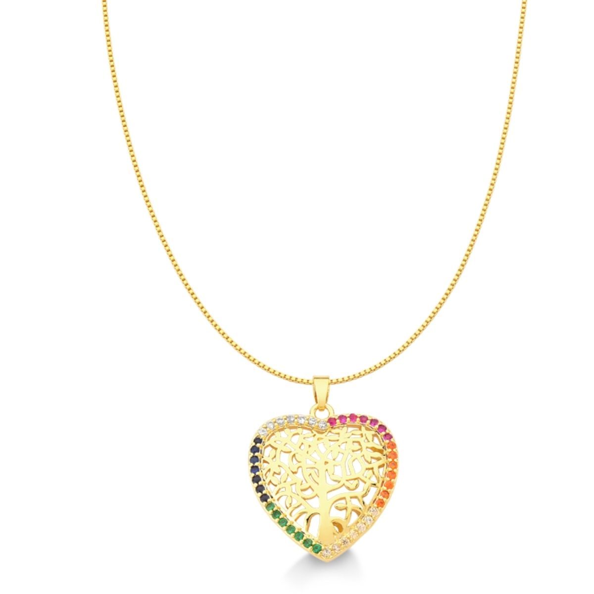 COLAR DE CORAÇÃO CRAVEJADO DE ZIRCONIAS COLORIDAS FOLHEADO A OURO 18K