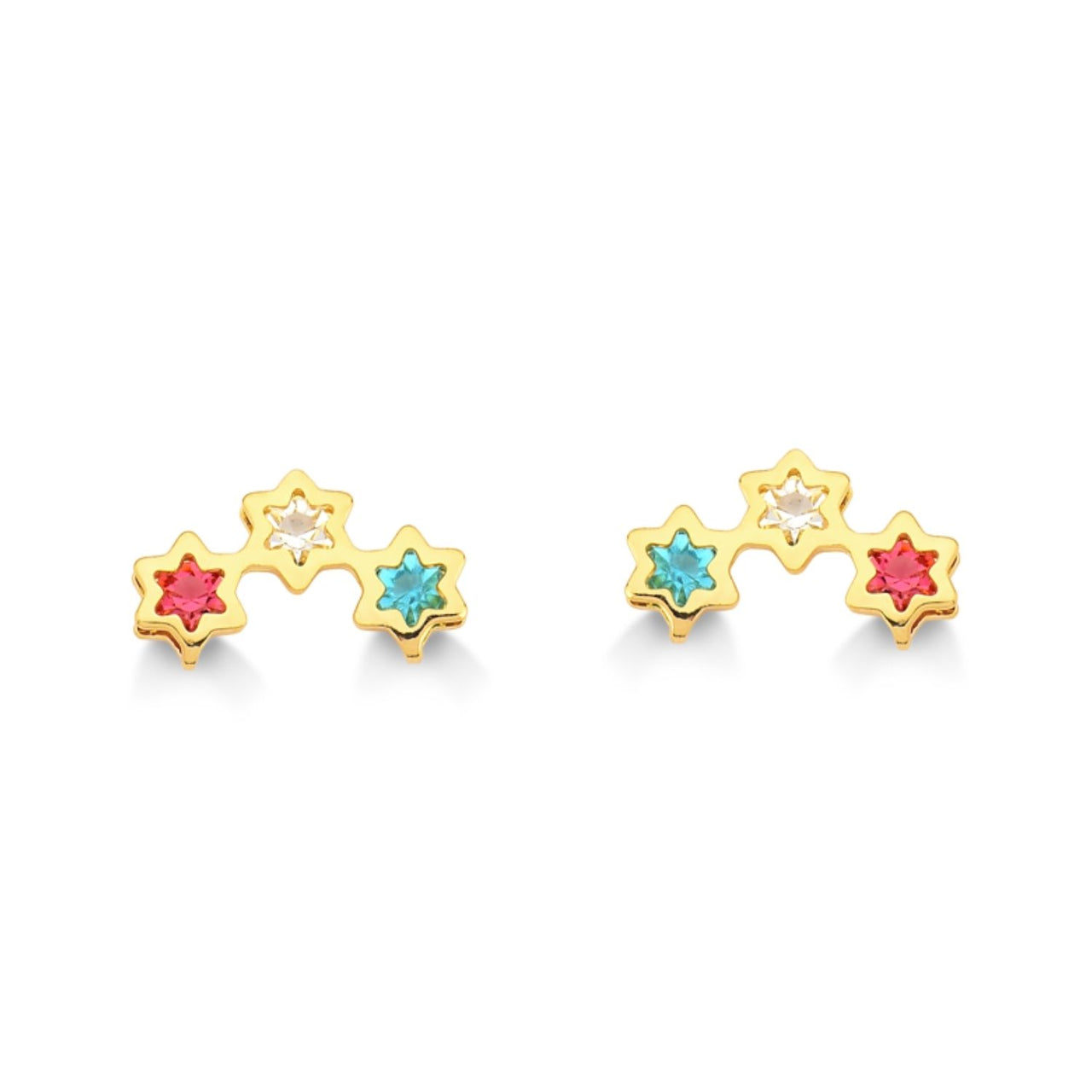 BRINCO MINI TRIO DE ESTRELAS VAZADAS COLORIDAS FOLHEADO A OURO 18K
