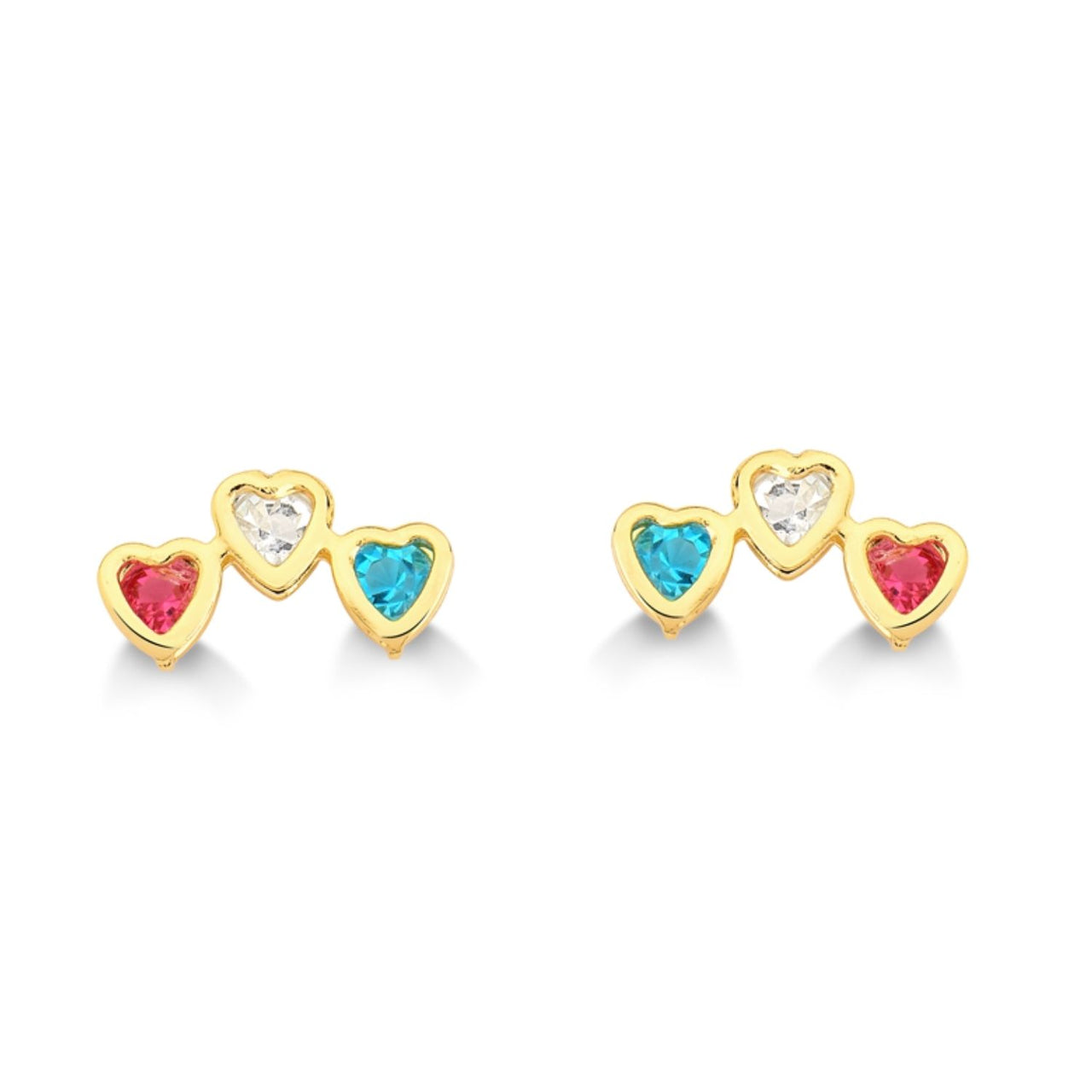 BRINCO MINI TRIO DE CORAÇÕES VAZADOS COLORIDAS FOLHEADO A OURO 18K