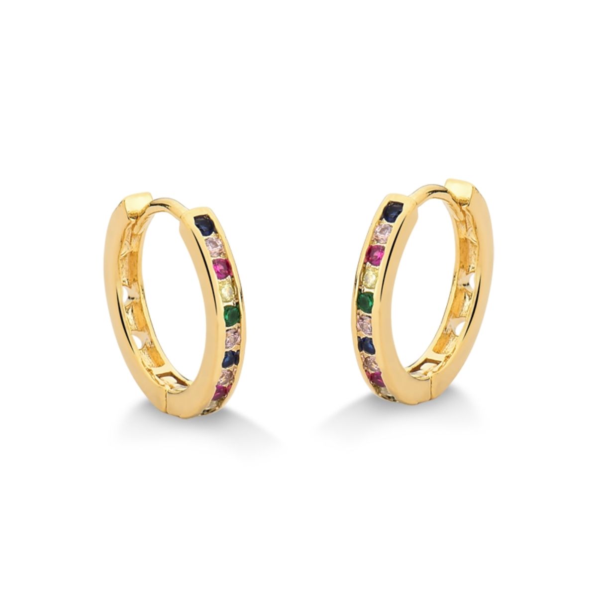 BRINCO ARGOLA DE CLICK GRANDE CRAVEJADA DE ZIRCONIAS COLORIDAS FOLHEADA A OURO 18K