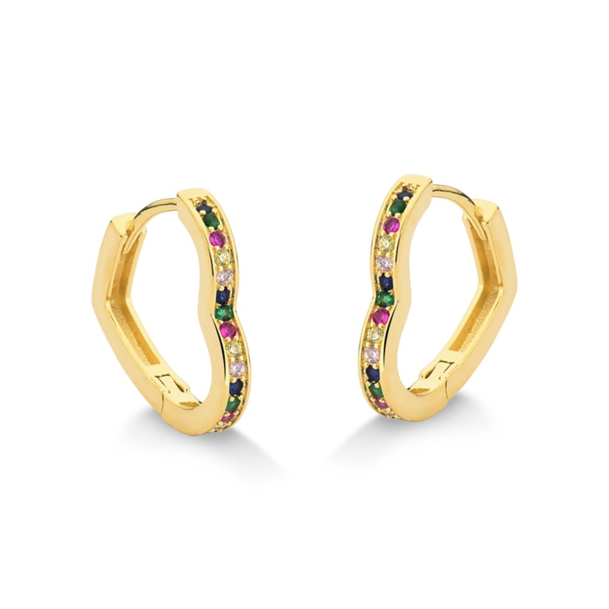 BRINCO ARGOLA DE CLICK CORAÇÃO GRANDE COM ZIRCONIAS COLORIDAS FOLHEADO A OURO 18K