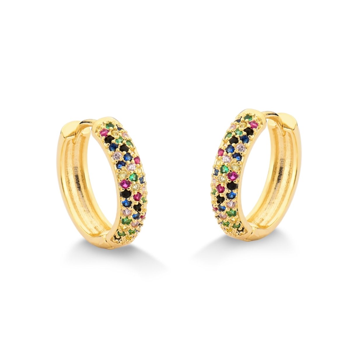 BRINCO DE ARGOLA GRANDE CRAVEJADA DE ZIRCONIAS COLORIDAS FOLHEADO A OURO 18K