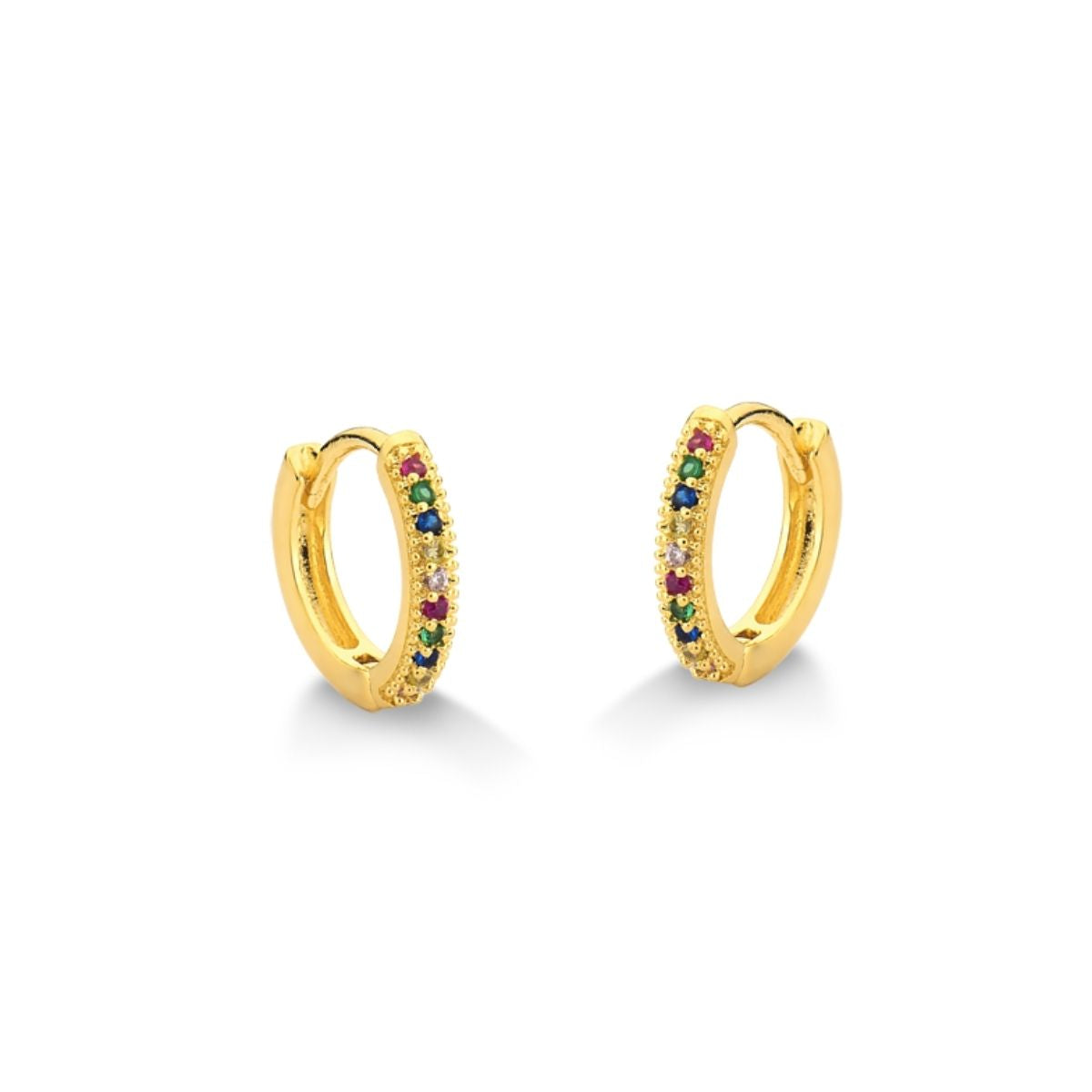 BRINCO DE ARGOLA FINA CRAVEJADA DE ZIRCONIAS COLORIDAS FOLHEADO A OURO 18K