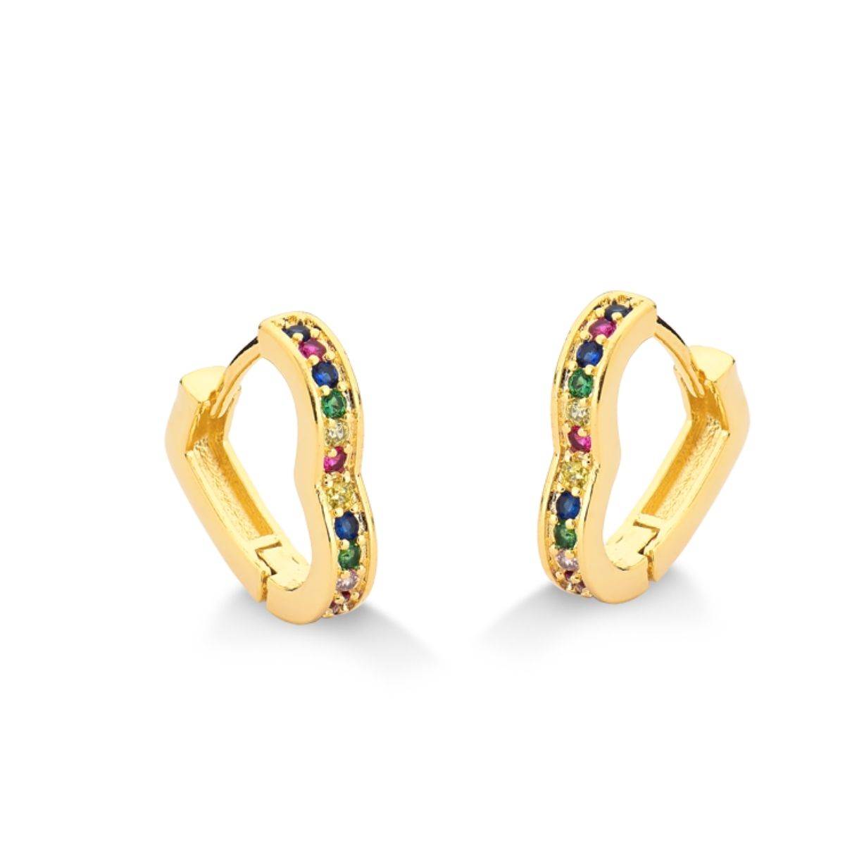 BRINCO ARGOLA DE CLICK CORAÇÃO MEDIO COM ZIRCONIAS COLORIDAS FOLHEADO A OURO 18K