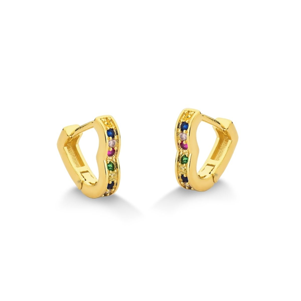 BRINCO ARGOLA DE CLICK CORAÇÃO PEQUENO COM ZIRCONIAS COLORIDAS FOLHEADO A OURO 18K